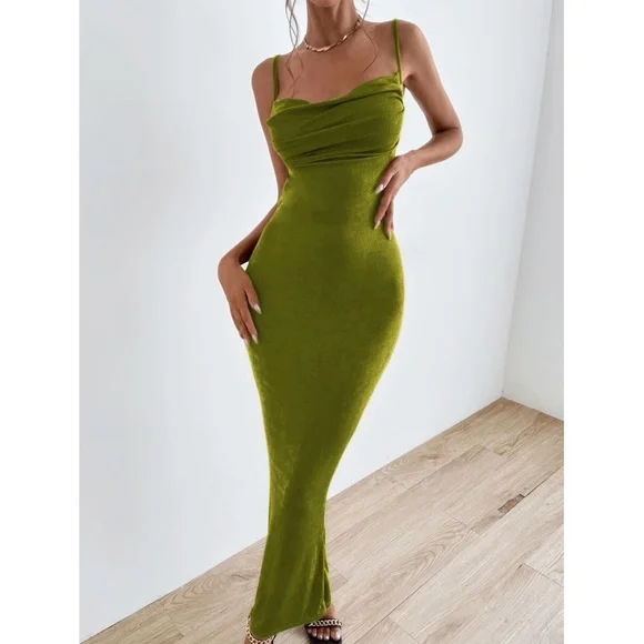 Backless Green Cowl Neck Long Slim Dress - Picture 11 of 15